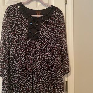 Multiples Size Large. Black blouse with gray and pink.